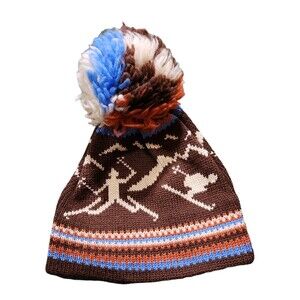 Smiley Knit Beanie Cap 100% Wool Brown w/ Skiers Pom Pom Made in Nevada